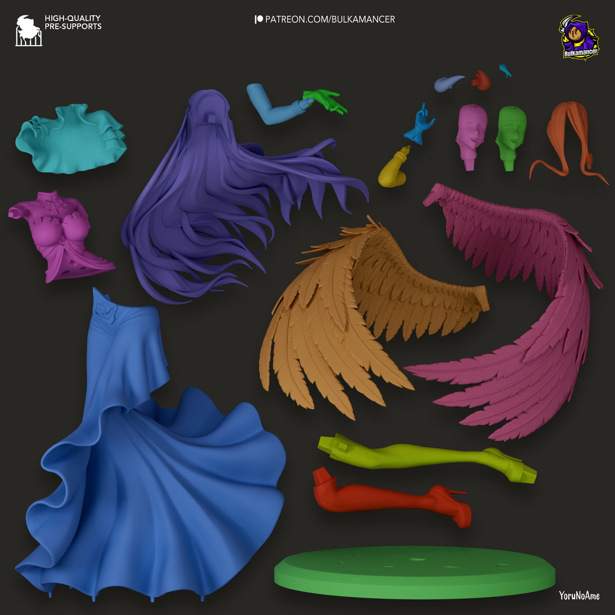 Albedo resin figure parts display showing painted and unpainted components including head, wings, torso, arms, legs, hair, base and accessories.