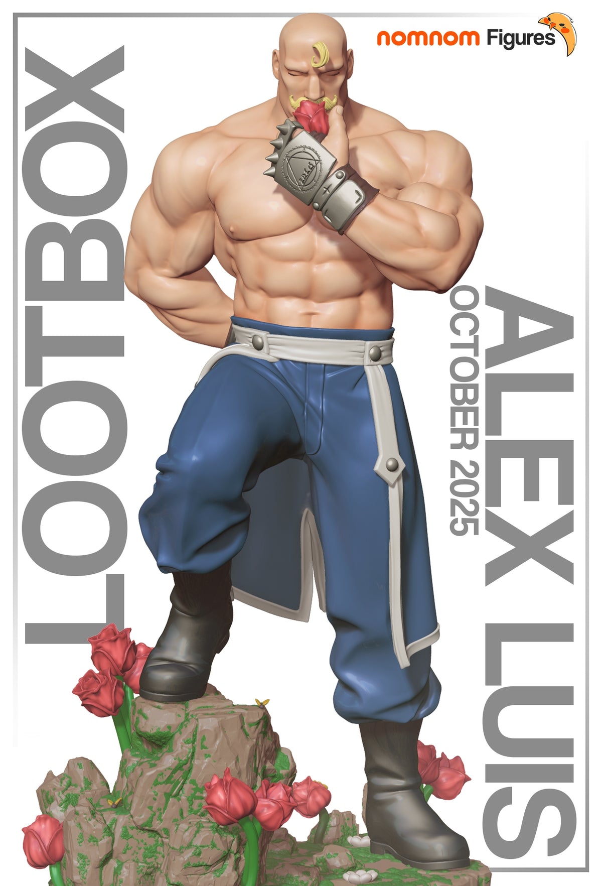 Painted resin figure of Alex Luis Armstrong from Fullmetal Alchemist stands front-facing with one hand raised on a rocky, ro.