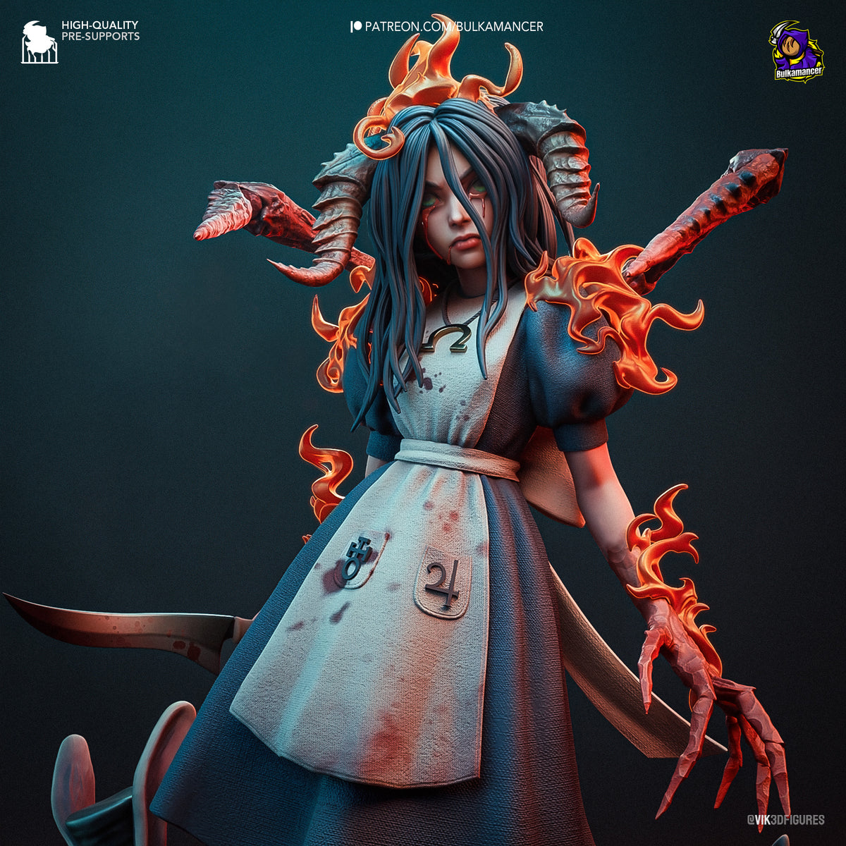 Alice from American McGee's Alice resin figure shown front-facing, featuring blue hair, ornate demonic headpiece, flaming appendages, and blood-stained dress with detailed painted finish.