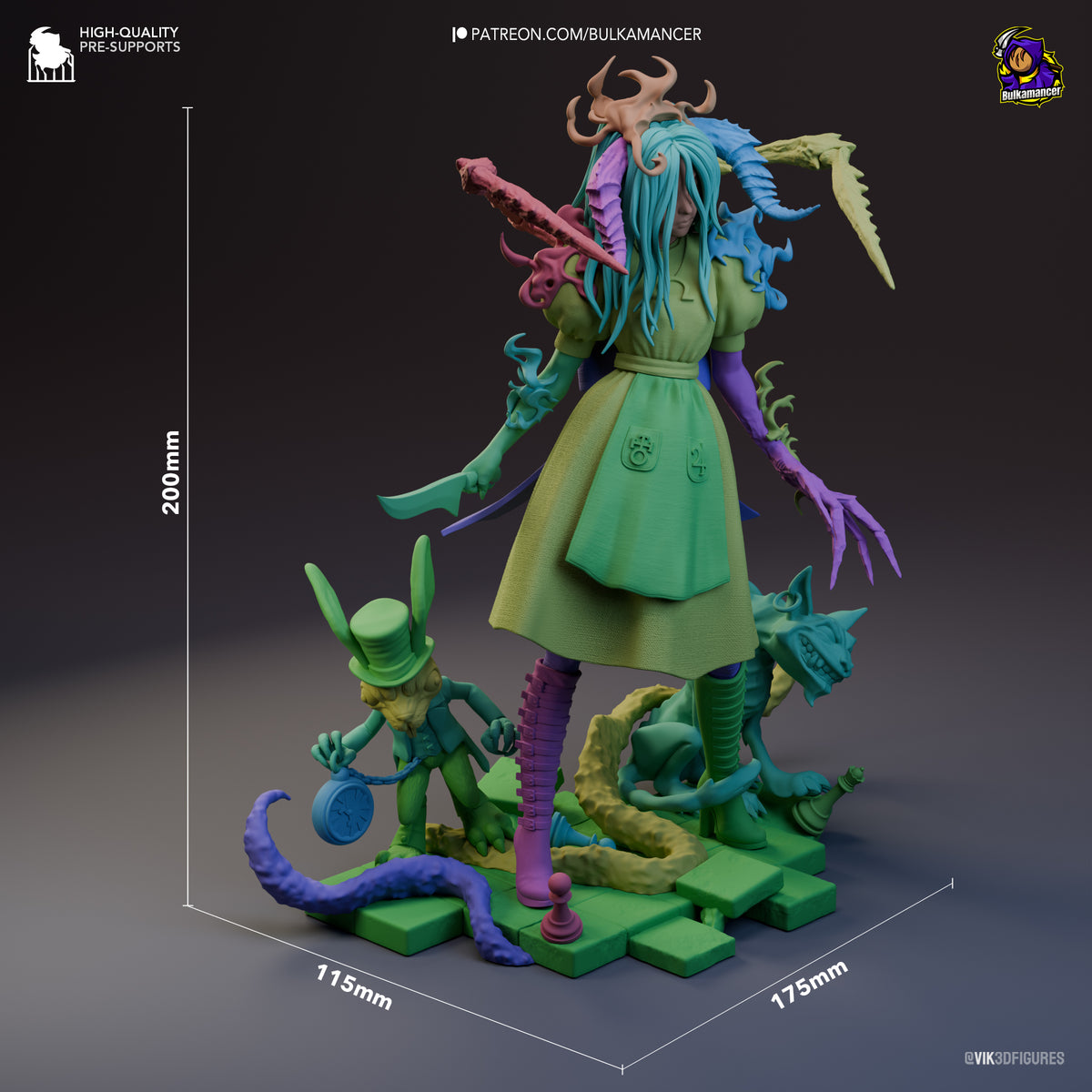 Colorful resin figure of Alice from American McGee's Alice shown at 200mm height with base, painted in vibrant greens, purples, and blues, displayed at three-quarter angle.