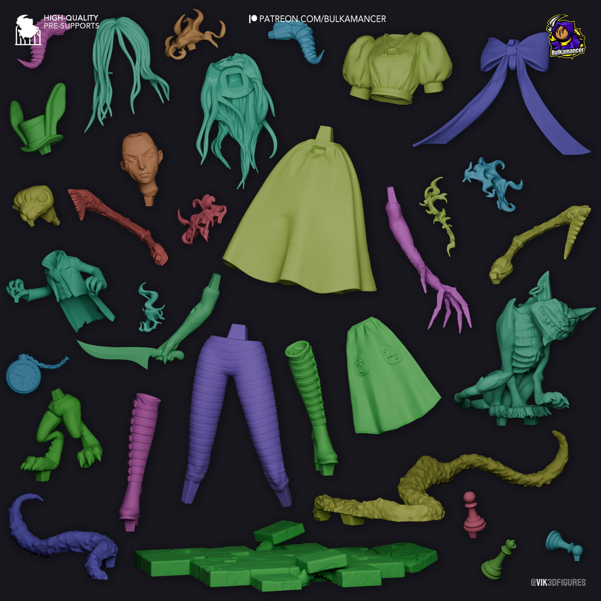 Disassembled resin figure parts for Alice from American McGee's Alice, including painted dress, limbs, hair pieces, accessories, and sculpted creature elements on black background.