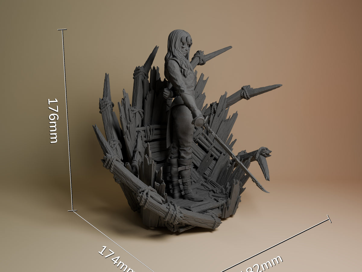 Alicia from Expedition 33 resin figure shown at 176mm height from three-quarter angle, unpainted gray, dynamic pose with weapons on detailed base.