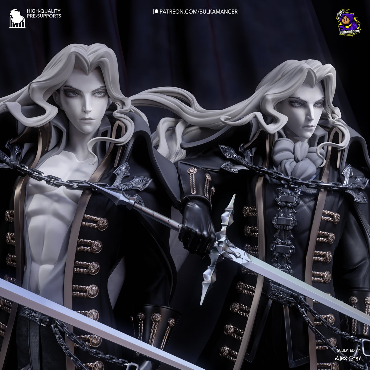 Alucard resin figure bust from Castlevania, unpainted gray with detailed armor and flowing hair, shown from front angle with sword and chains.