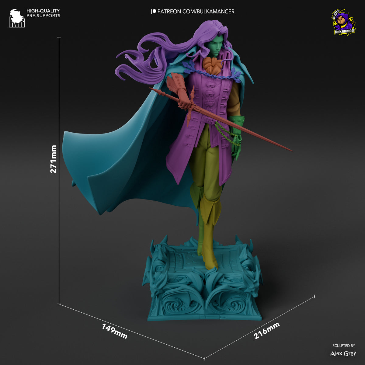 Alucard resin figure from Castlevania shown at 271mm height with ornate teal base, displaying painted green skin, purple hair and vest, flowing cape, and sword against dark background.