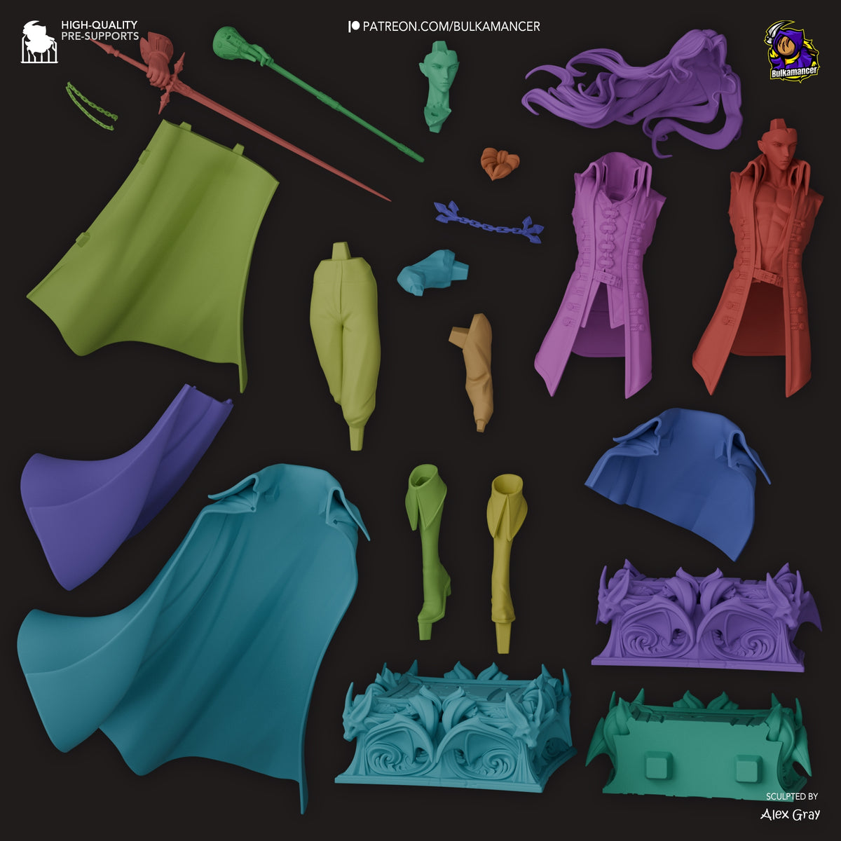 Painted and unpainted resin figure parts for Alucard from Castlevania laid out flat: clothing pieces in yellow, teal, purple and red, ornate base sections, weapons, and accessories.