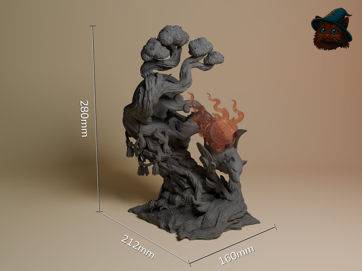 Amaterasu from Okami resin figure shown from the front right, unpainted with a sculpted tree base and dimensions.