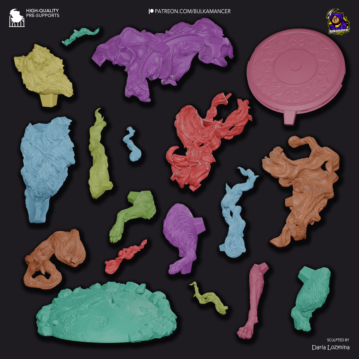 Colorful resin figure parts for Amaterasu from Okami laid out on black background, including body pieces, base, and accessories in various colors.