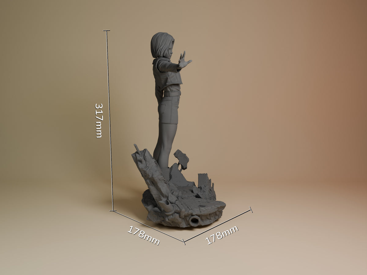 Silver Cyborg resin figure standing on rocky base, arms raised, shown at 317mm height with 178mm width depth scale reference.
