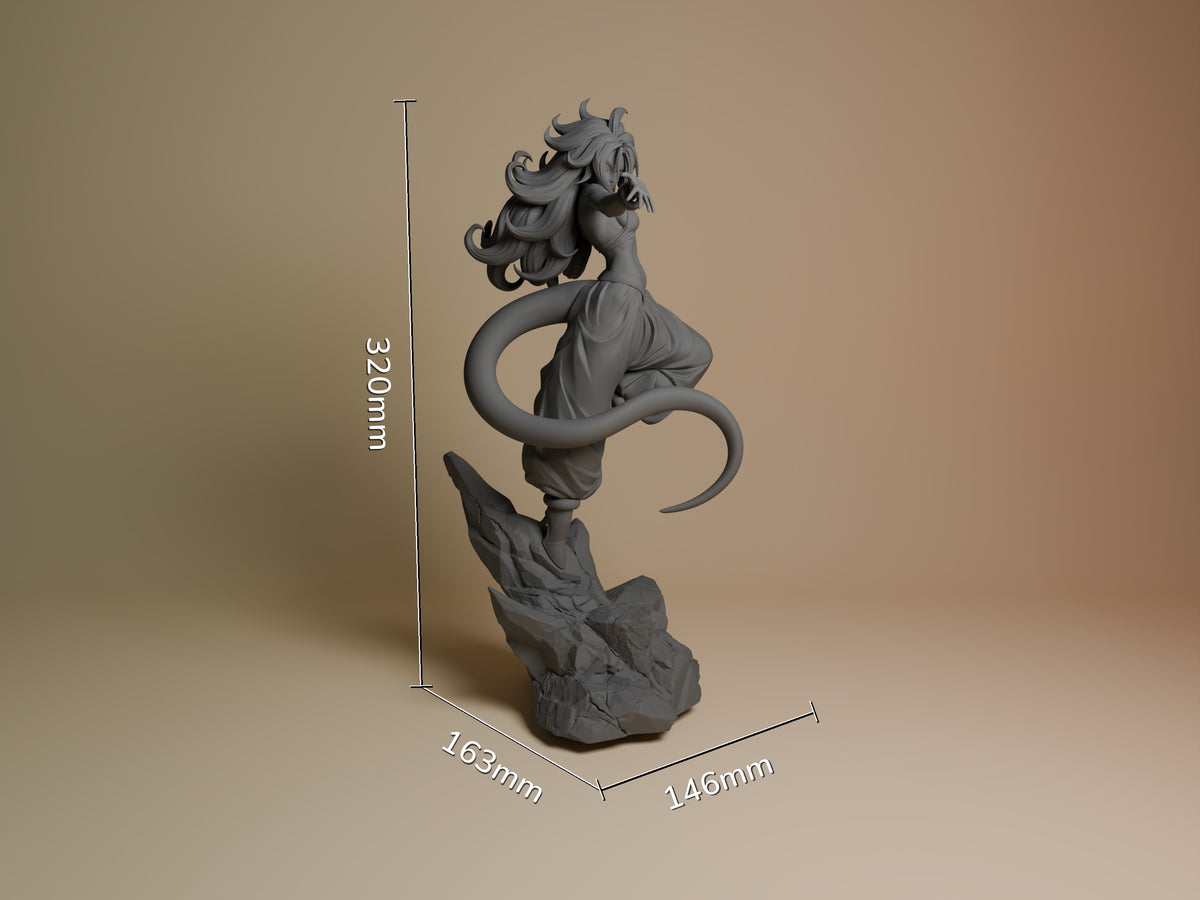 Cyborg Bio Enchantress resin figure shown from front-right angle with scale ruler, displaying serpentine lower body and flowing hair details on rocky base.