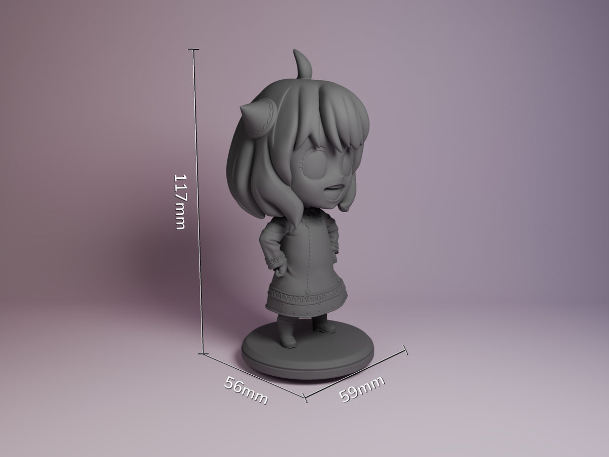 Gray resin Chibi figure of Anya from Spy x Family shown at scale with dimensions 117mm height, 56mm and 59mm width, displayed from side angle on circular base.