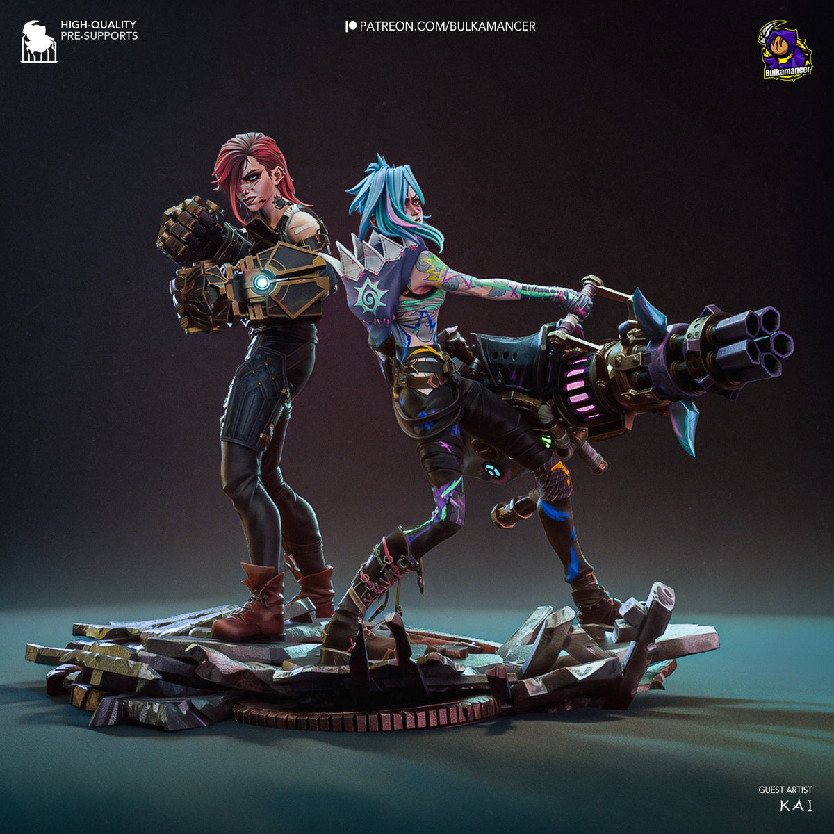 Jinx and Vi resin diorama from Arcane, beautifully painted with dynamic poses on a detailed destructed base, captured from front angle.