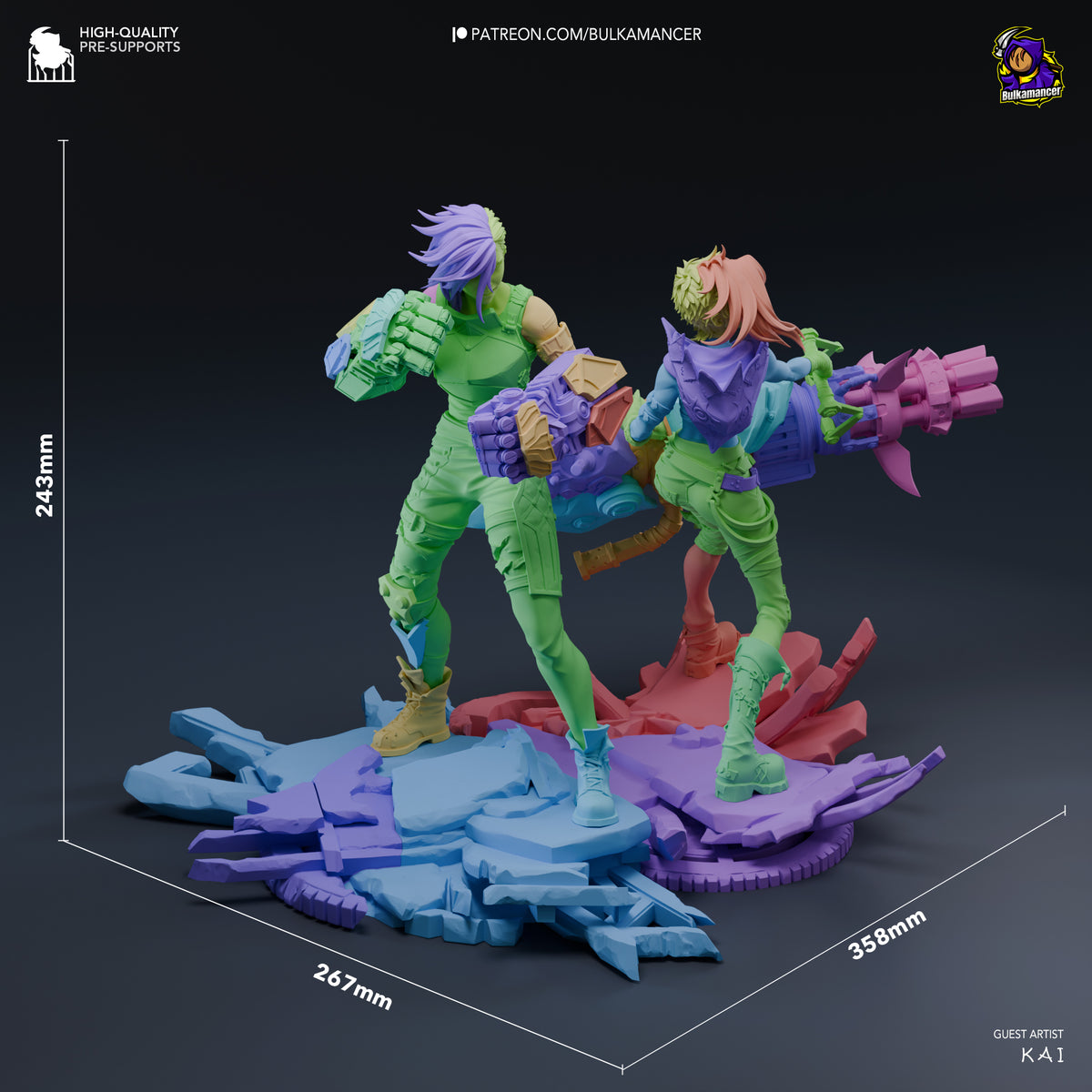 Jinx and Vi resin diorama shown from angled view with painted figures on blue and purple base, 243mm height, 267x358mm footprint.
