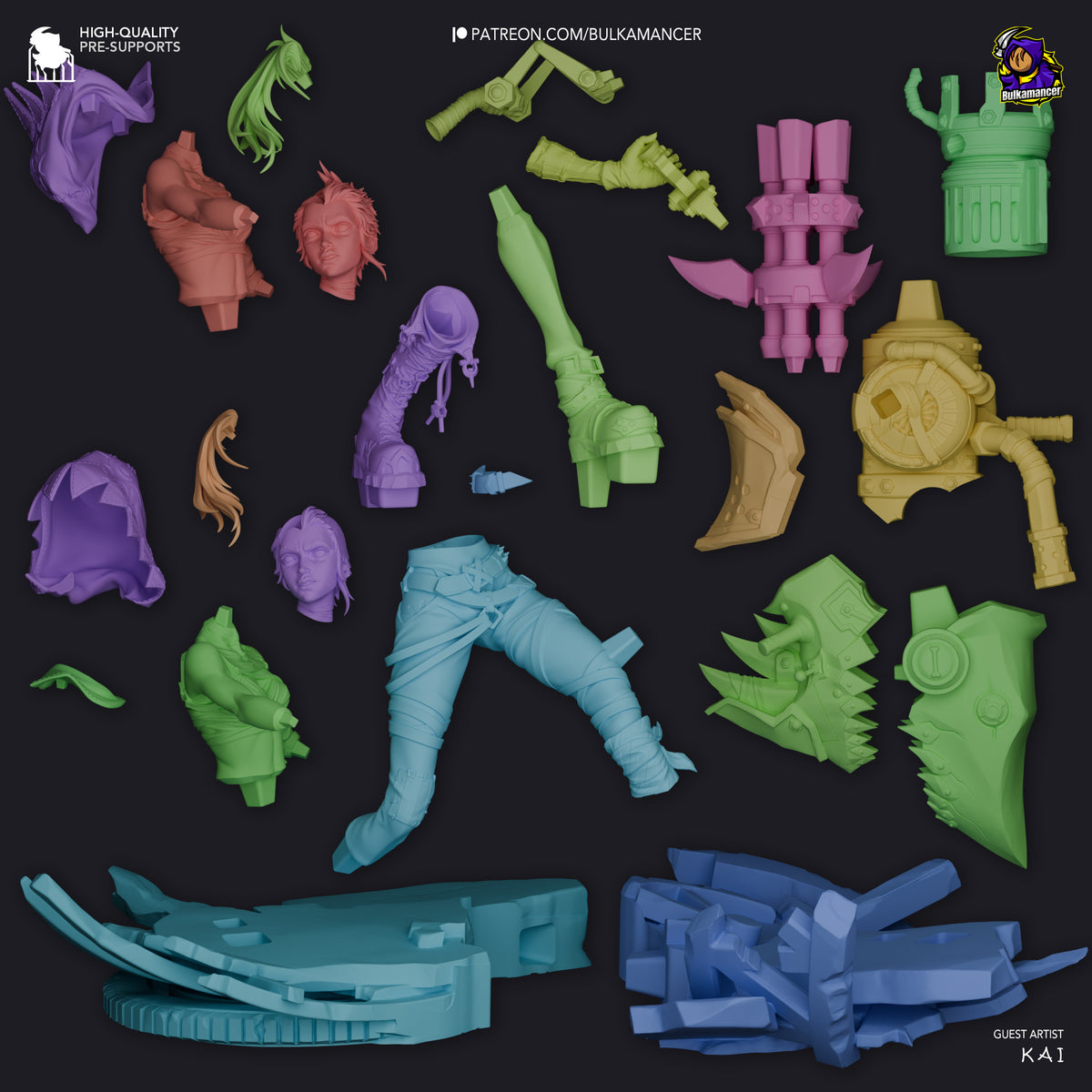Unpainted resin diorama parts for Jinx and Vi from Arcane, displayed as individual components in purple, green, blue, and gold against dark background.