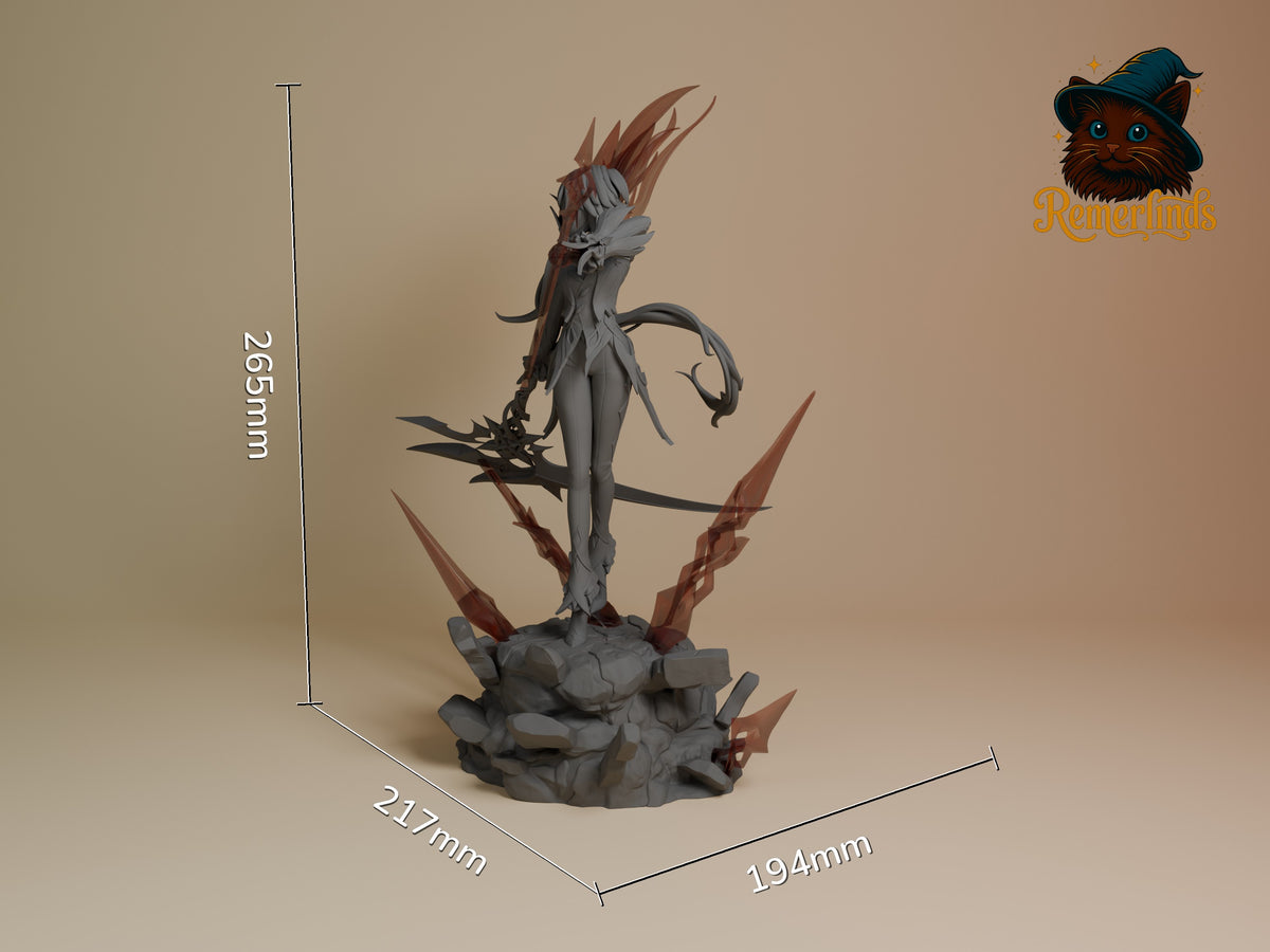 Arlecchino from Genshin Impact stands as a partially painted resin figure on a sculpted base, 265mm tall.