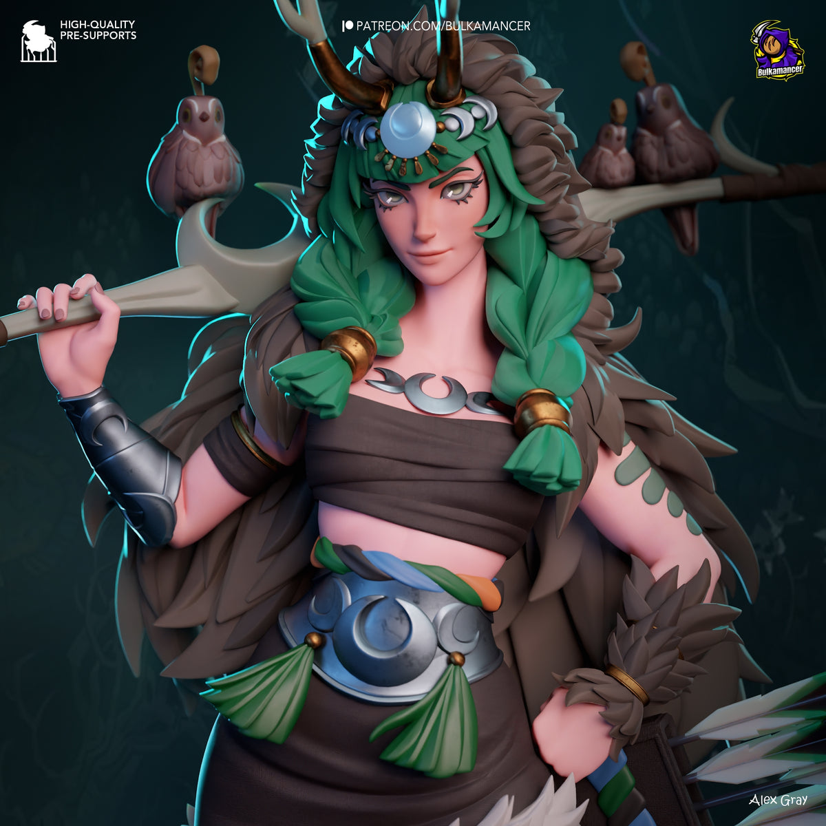 Artemis from Hades resin figure in beautyshot pose, holding staff, painted green hair and brown armor with cyan accents against dark background.