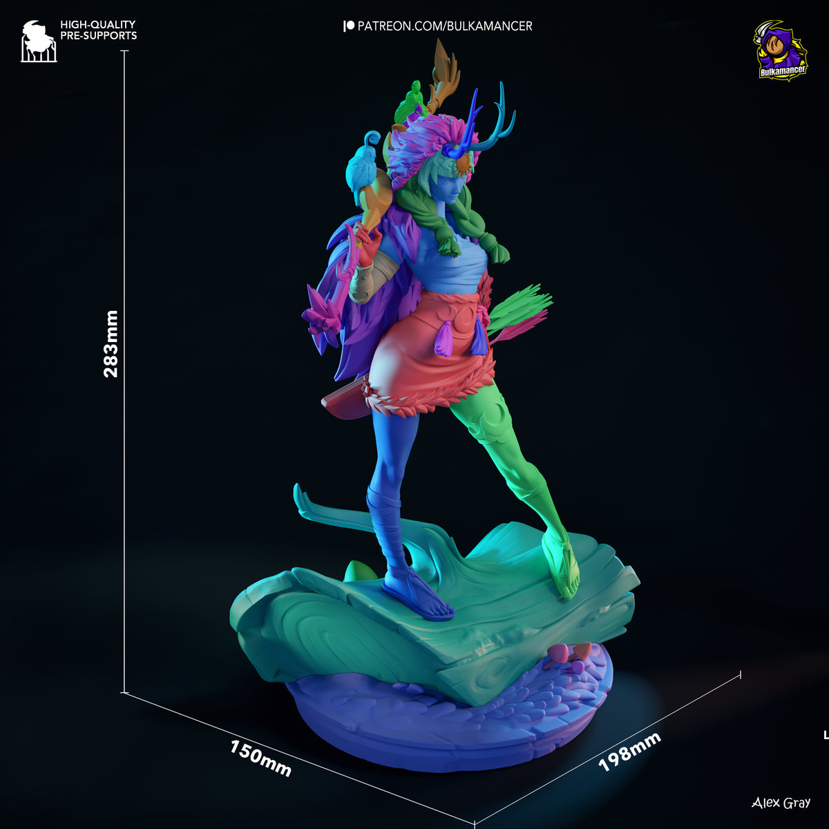 Artemis resin figure from Hades shown at scale (283mm height), displaying vibrant multicolored paint on dynamic action pose with detailed base.
