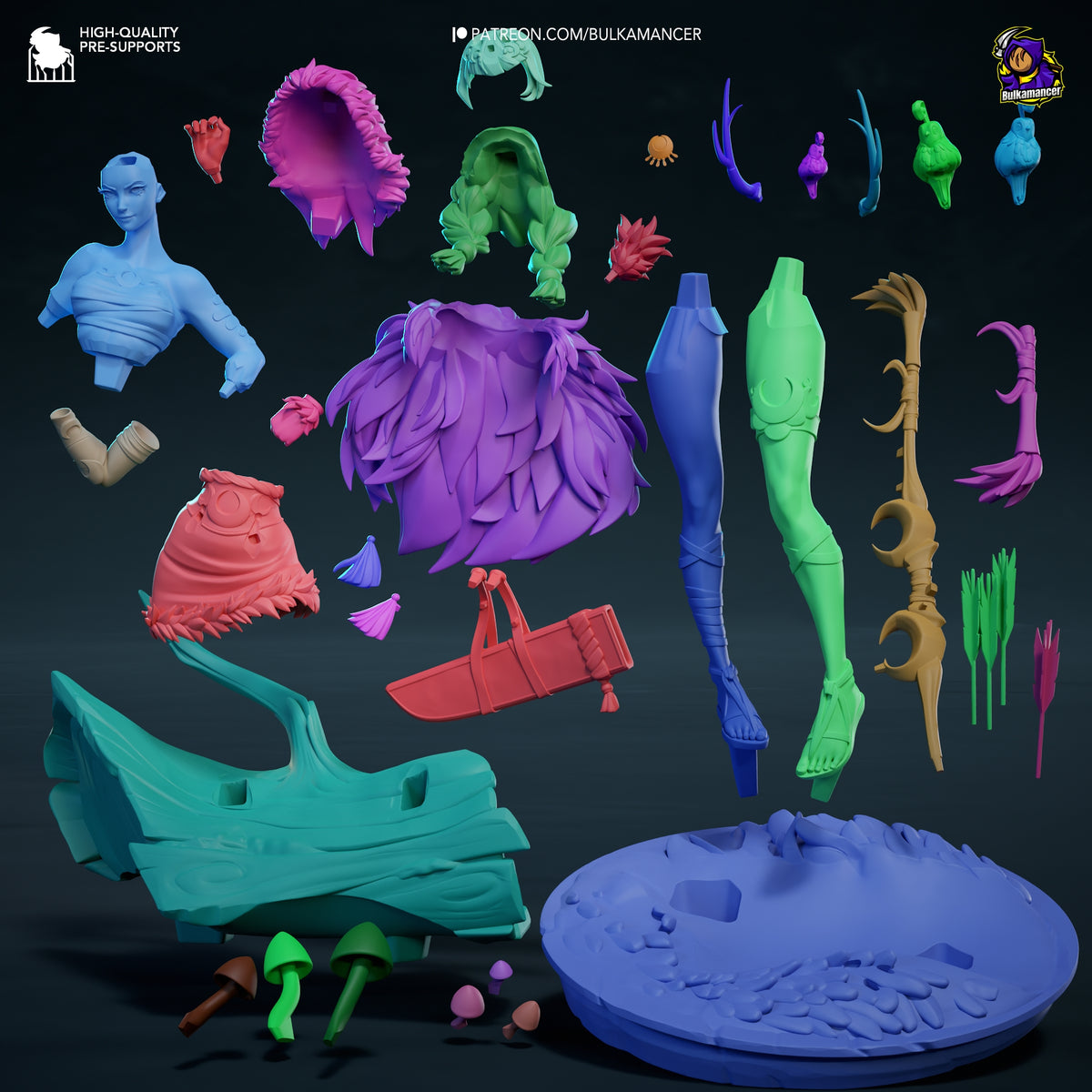 Artemis resin figure parts laid out on dark background, showing painted torso, legs, hair, weapons, and unpainted base with detailed surface sculpting.