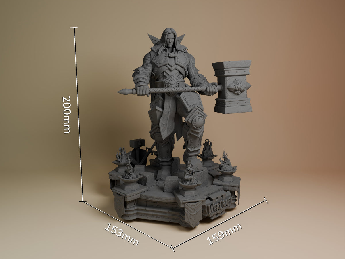 Unpainted gray resin figure of Arthas from World of Warcraft shown at scale, displaying 200mm height with detailed armor, wings, and large axe weapon on ornate base.