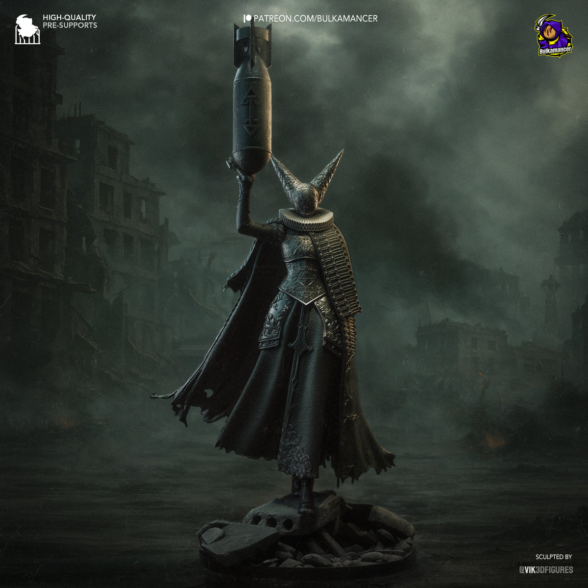 Artillery Witch from Trench Crusade, an unpainted resin figure holding a shell on a rubble base.