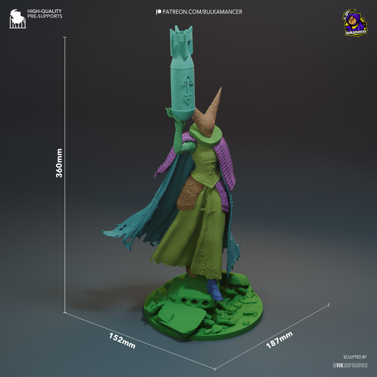 Artillery Witch from Trench Crusade is a multicolored resin figure in three-quarter view on a sculpted base marked 360mm.