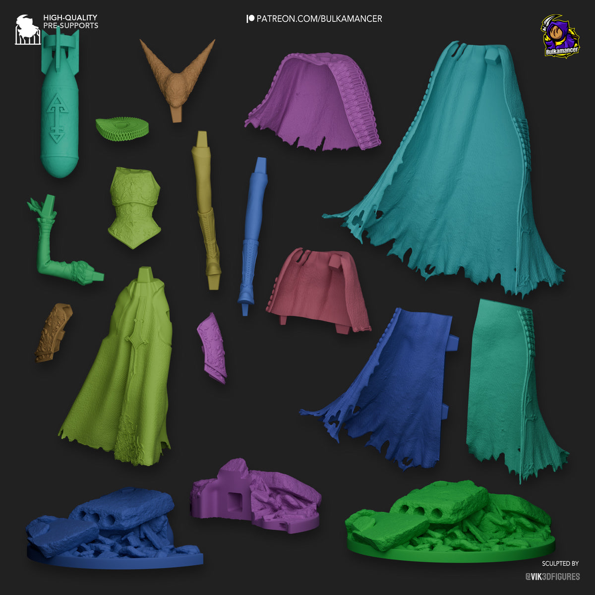 Unpainted Artillery Witch resin figure parts from Trench Crusade, including cloaks, weapons, limbs, and bases.