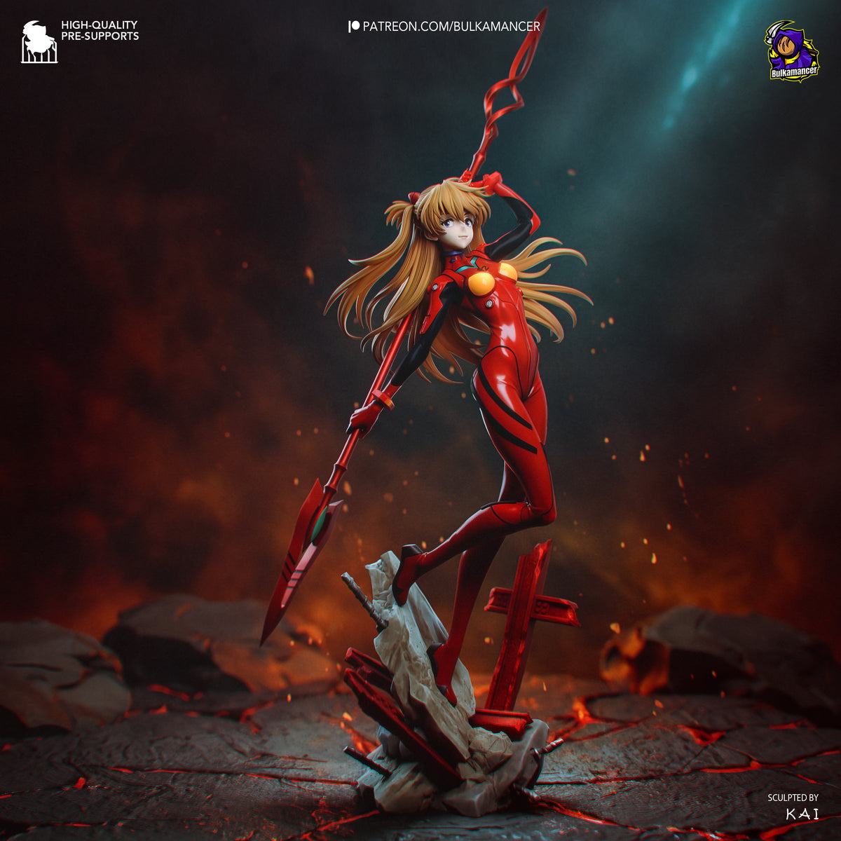 Asuka Langley resin figure in red plugsuit with spear, dynamic pose on rocky base, painted hair and suit with unpainted white base details, shot from front-left angle.