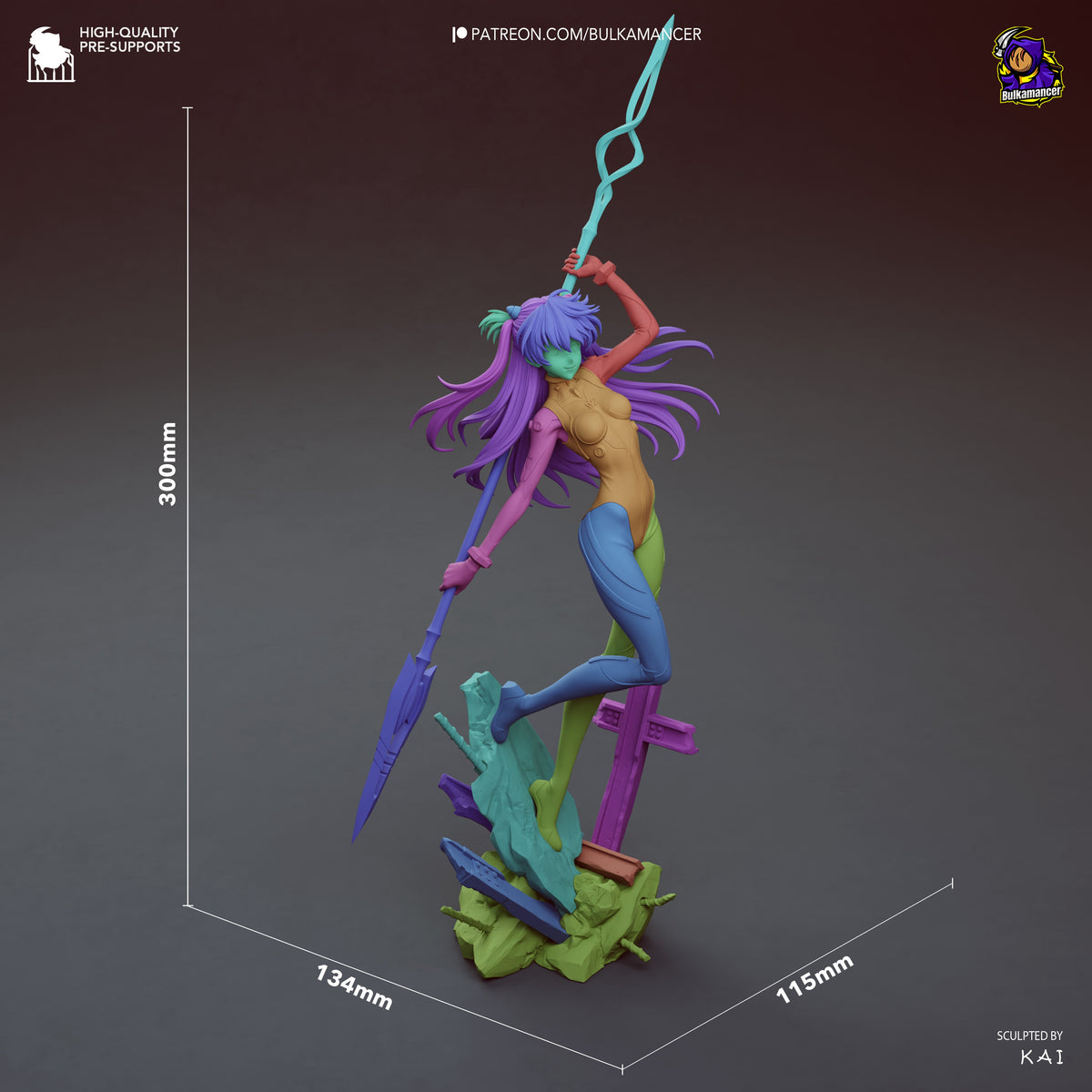 Asuka Langley resin figure from Neon Genesis Evangelion shown at 300mm height, dynamic pose with spear, colorful paint details, mounted on green base with accessories.