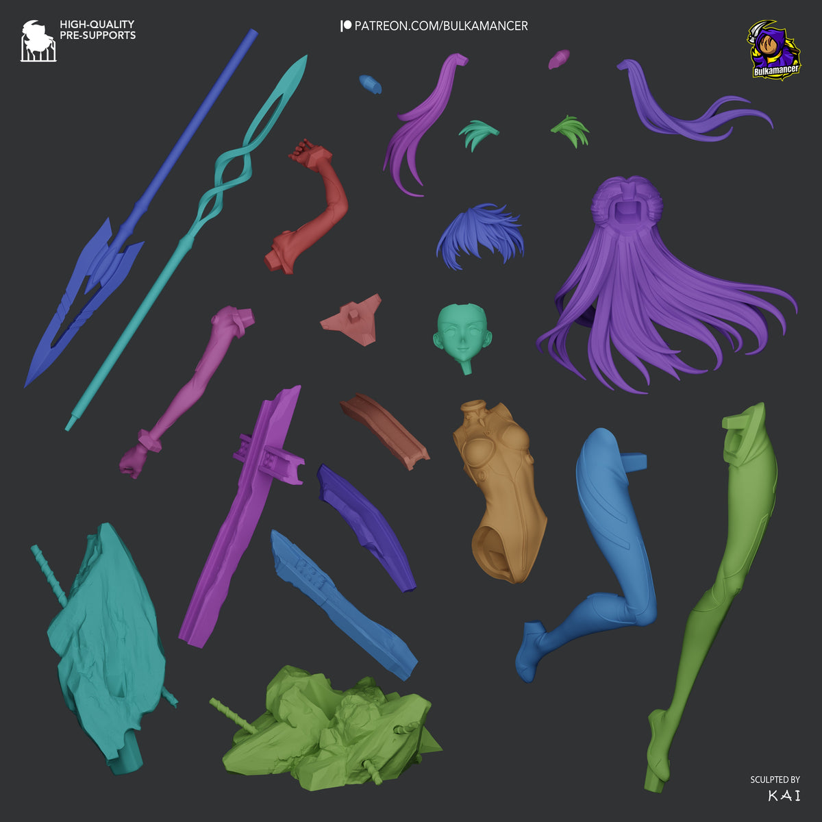 Asuka Langley resin figure parts laid flat showing weapons, hair pieces, limbs, torso and head in purple, blue, green and flesh tones.