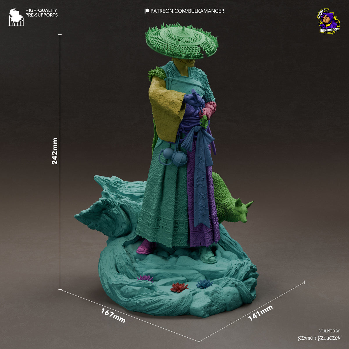 Atsu resin figure from Ghost of Yotei shown at 242mm height with detailed painted base, dimensional scale markers, and sculpted by Szymon SZpaCzek.