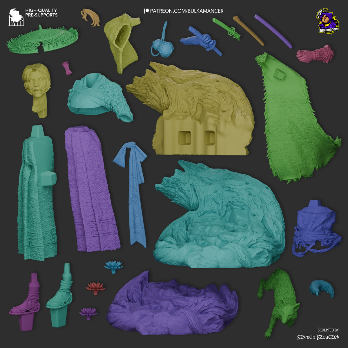 Atsu from Ghost of Yotei resin figure parts laid out unpainted in yellow, green, blue, and purple, showing head, body, clothing, accessories, and base pieces.