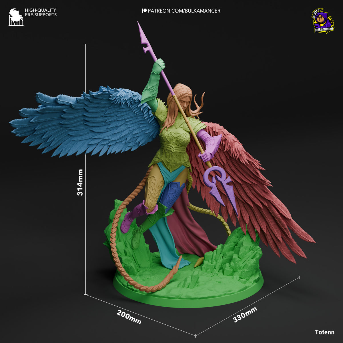 Avacyn the Purifier resin figure shown at scale with dimensions 314mm height, 330mm depth, 200mm width. Painted character with colorful wings and robes on green base.