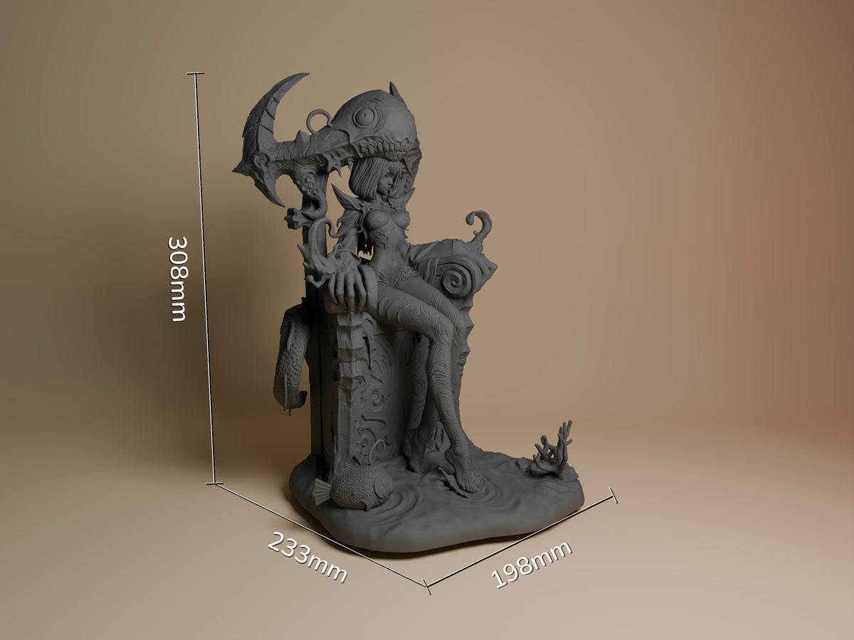 Azashara resin figure at scale, showing front three-quarter view of detailed unpainted sculpture with dimensional base, 308mm height.