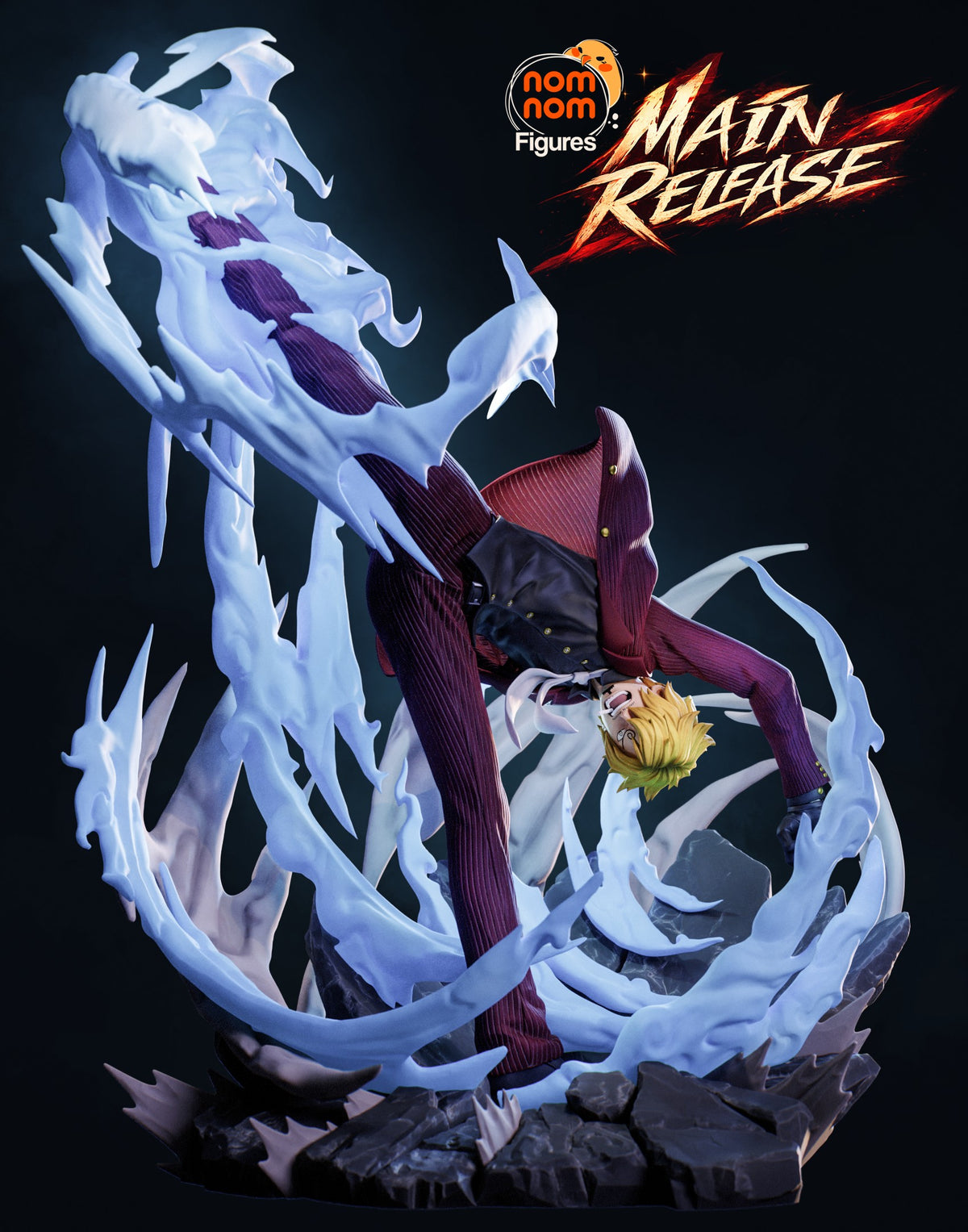 Sanji resin figure in dynamic pose with swirling blue energy effects, burgundy suit, blonde hair, mounted on dark rocky base, detailed paint work.