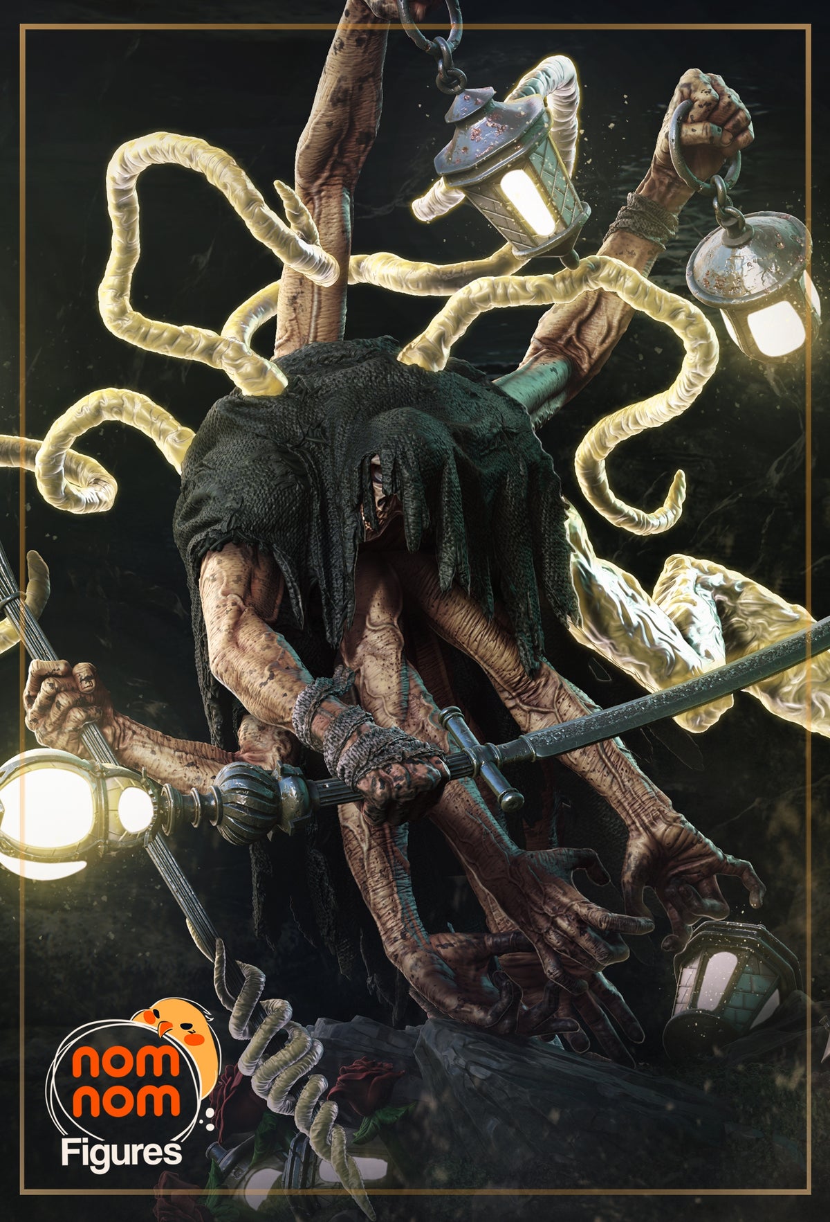 Painted resin figure of Lamp Master from Expedition 33 faces forward with sword and rocky base.