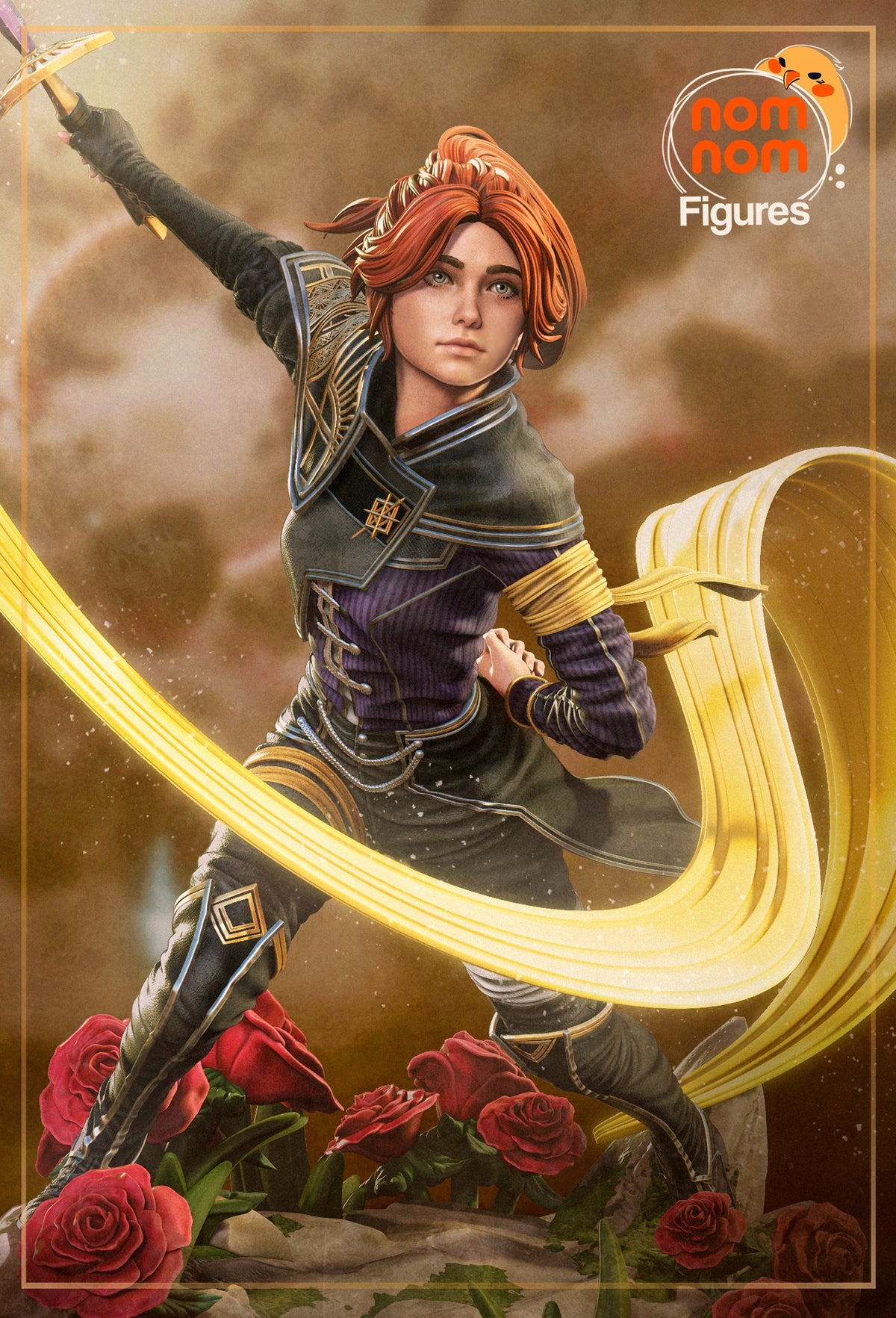 Painted Maelle resin figure from Expedition 33 poses with an arm raised on a sculpted rose base.