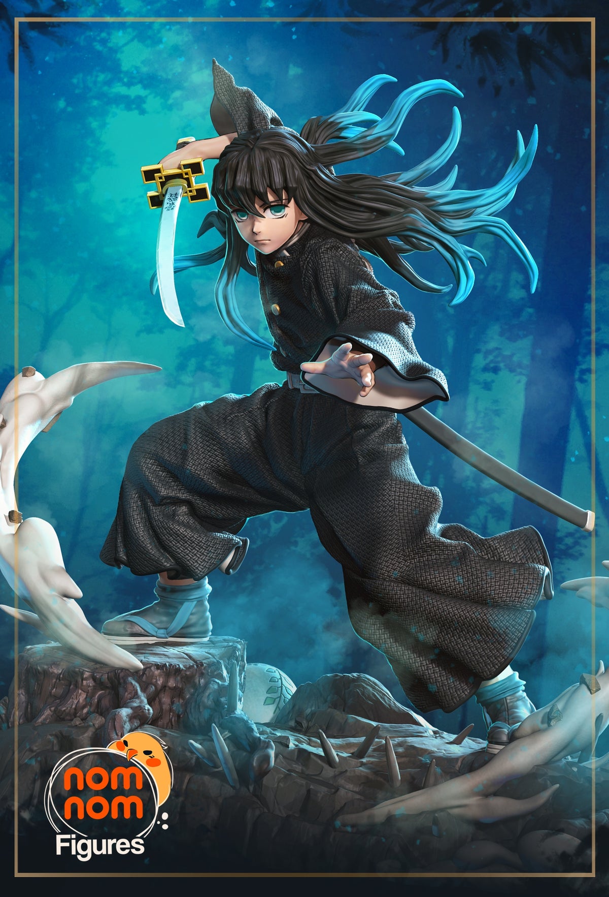 Muichiro from Demon Slayer is a painted resin figure posed with sword raised above a sculpted rocky base.