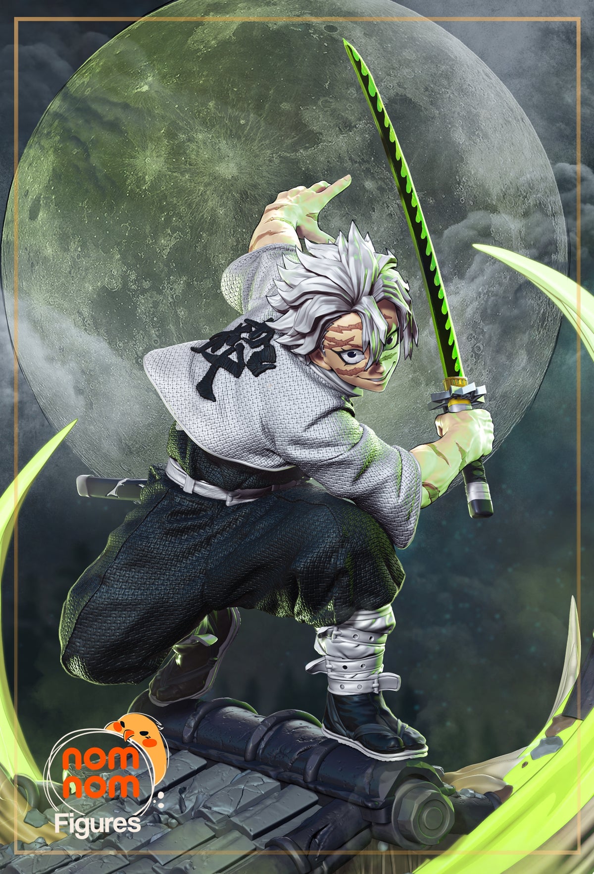 Sanemi from Demon Slayer resin figure crouches with a raised sword on a sculpted pipe base.