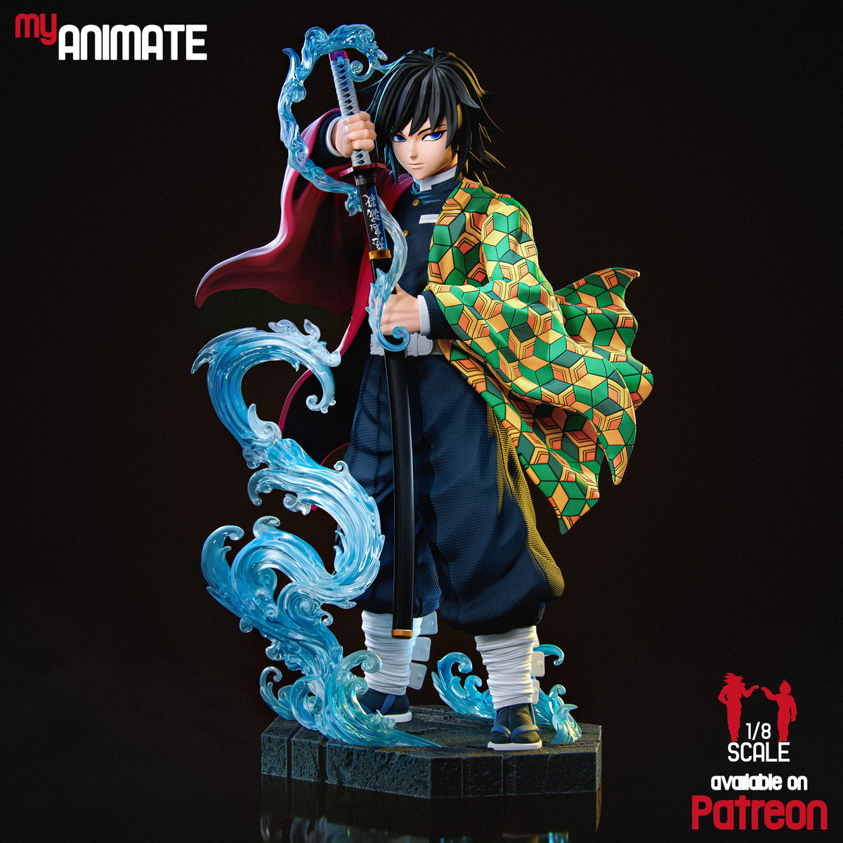 Front three-quarter view of painted Tomioka resin figure from Demon Slayer, holding a sword on a sculpted water base.