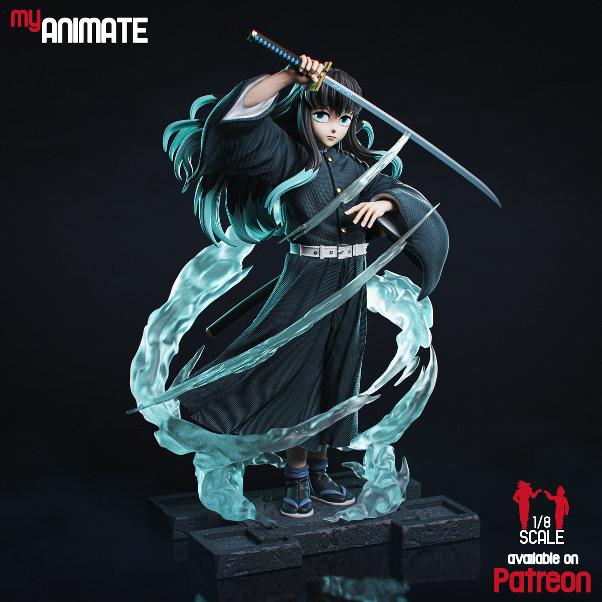 Tokito from Demon Slayer is a painted resin figure in a sword-raised pose on a sculpted base.