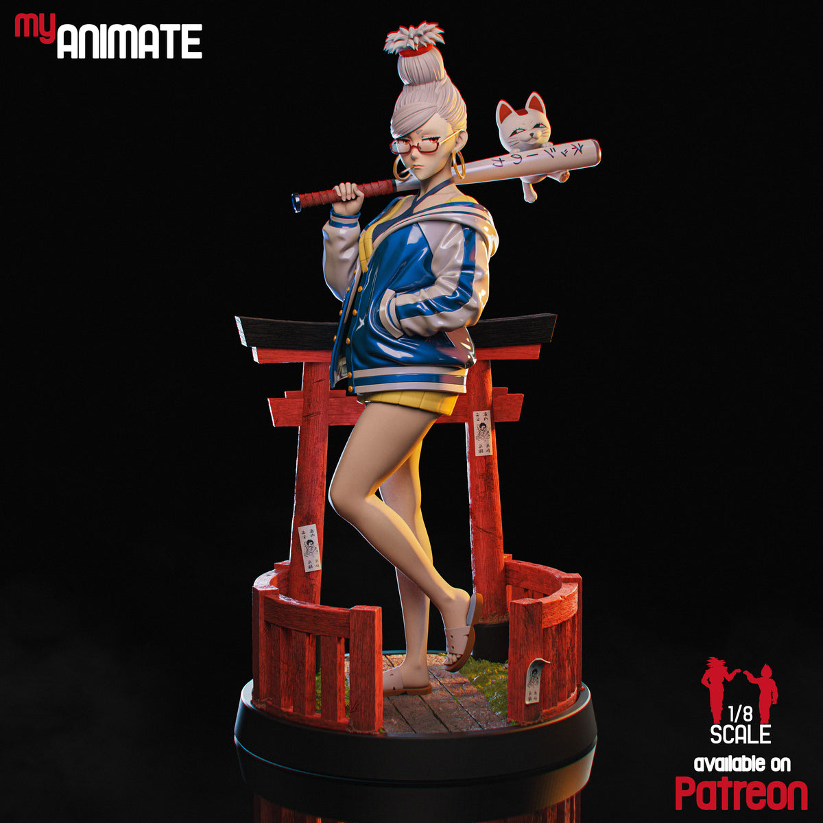 Painted Seiko from Dandadan stands in a crossed-leg pose with a bat on a torii resin figure.