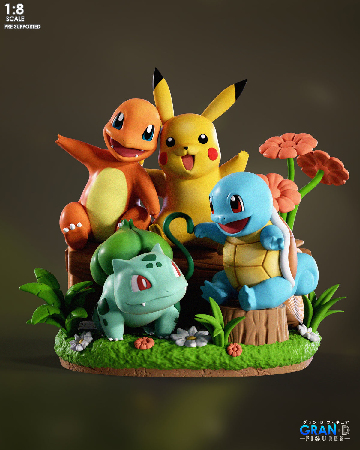 Front-facing painted resin figure shows Pikachu, Charmander, Bulbasaur and Squirtle from Pokémon grouped on a sculpted grass.