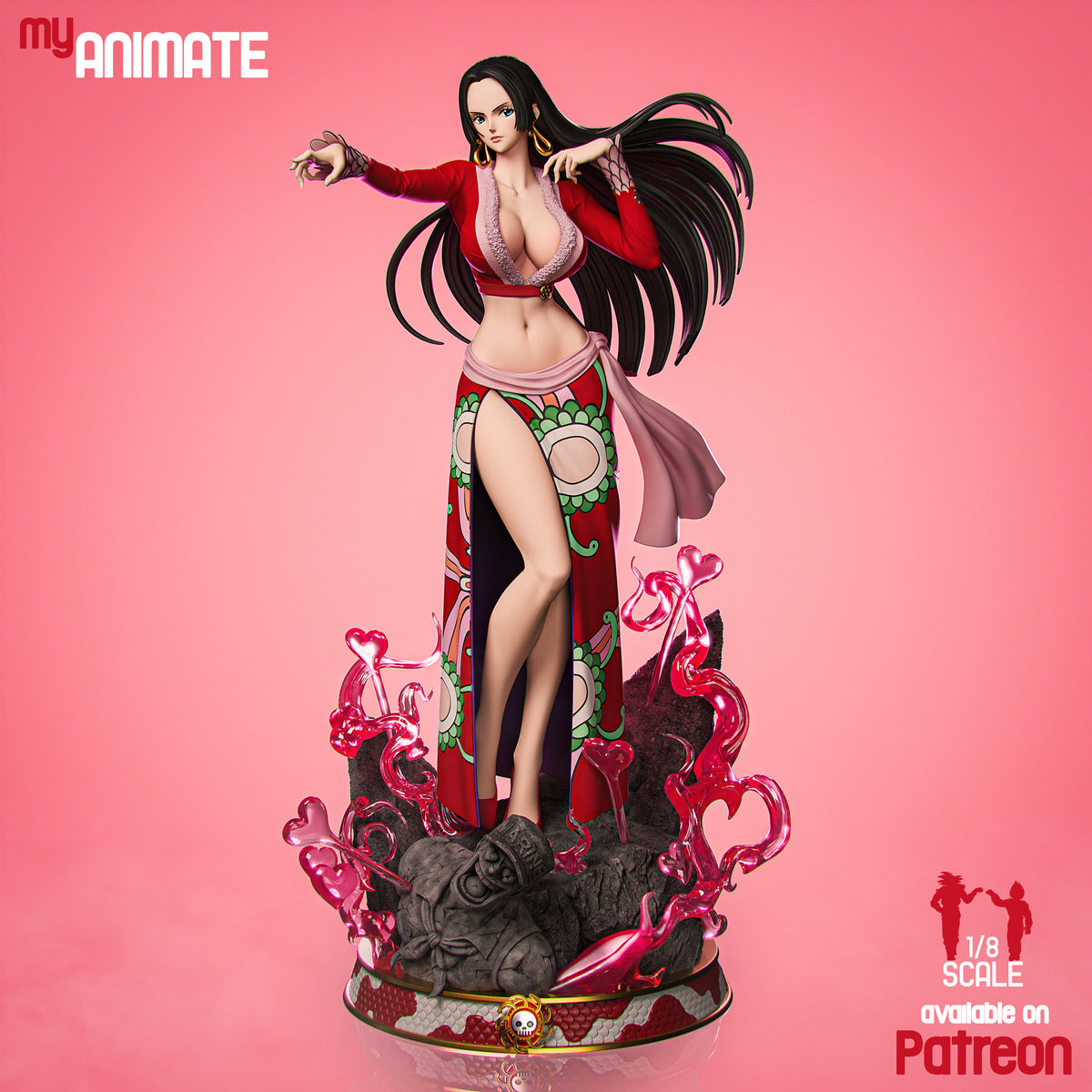 Painted Boa Hancock resin figure from One Piece poses above heart effects on a sculpted base.