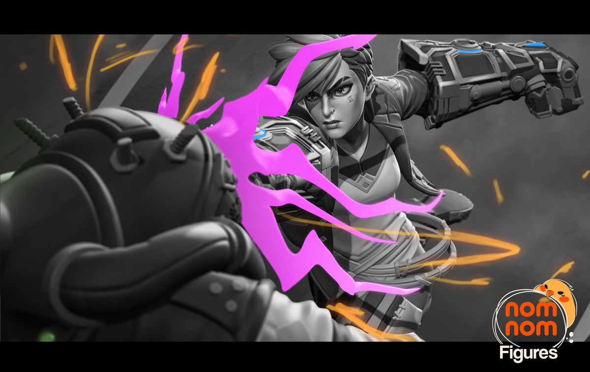 Vi from Arcane lunges toward the viewer with oversized gauntlets in a painted resin figure.