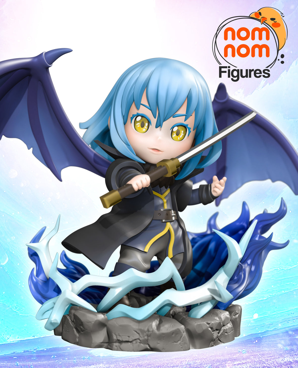 Rimuru Tempest resin Chibi figure from That Time I Got Re-incarnated as a Slime holds a sword on a sculpted rocky base.