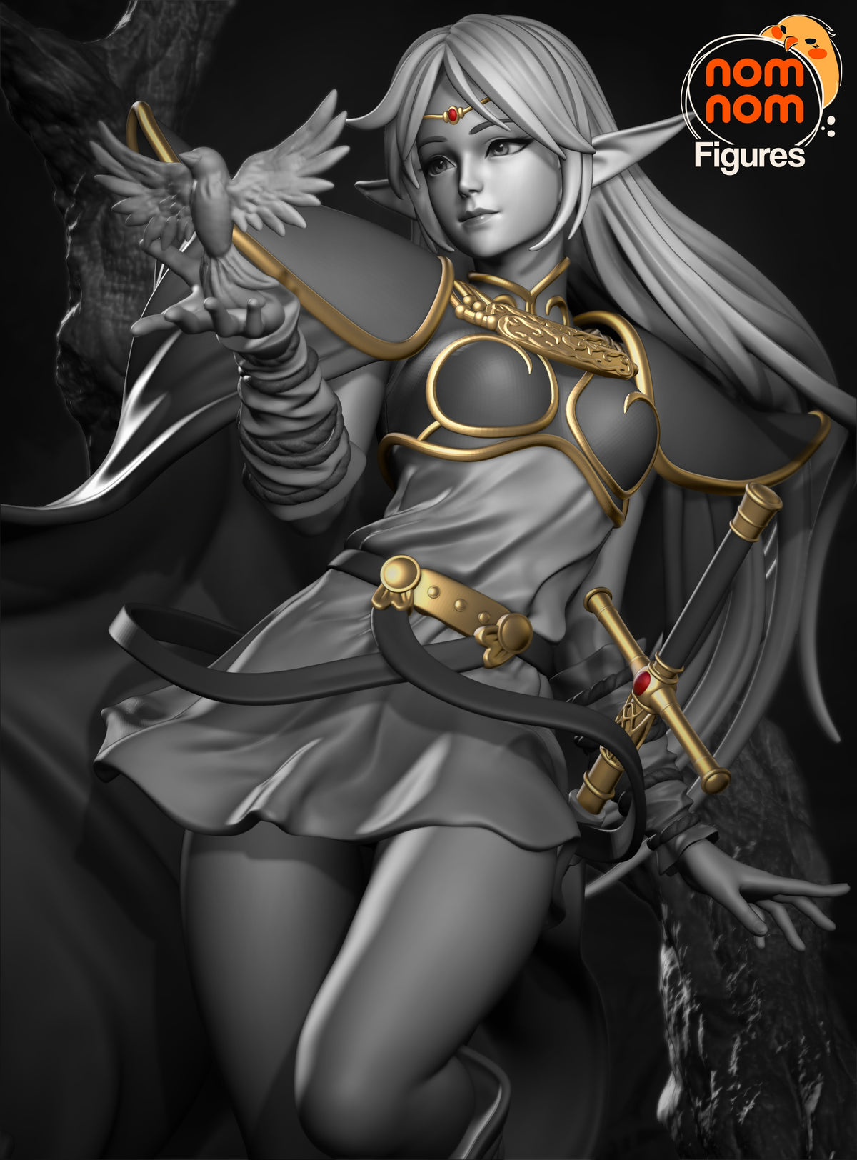Deedlit from Record of Lodoss War is a gray resin figure posed with a bird, bow, and sword.