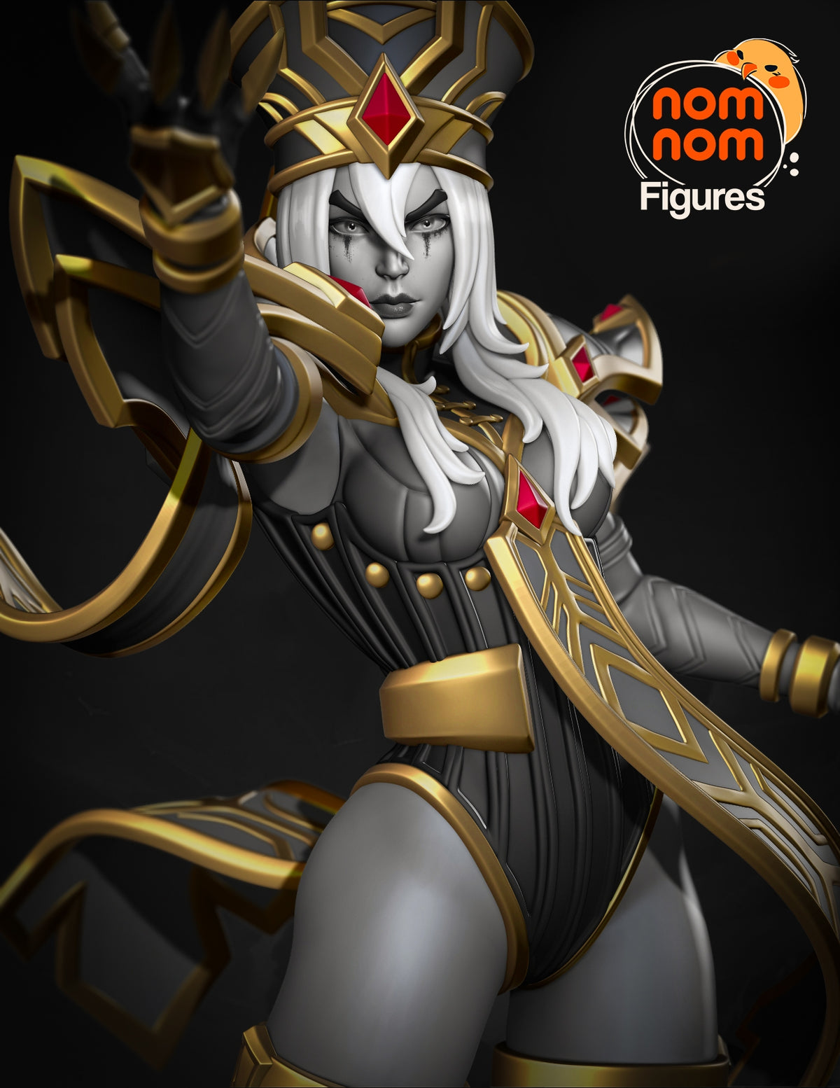 Painted resin figure of Inquisitor Whitemane from World of Warcraft in close-up, raising one arm.