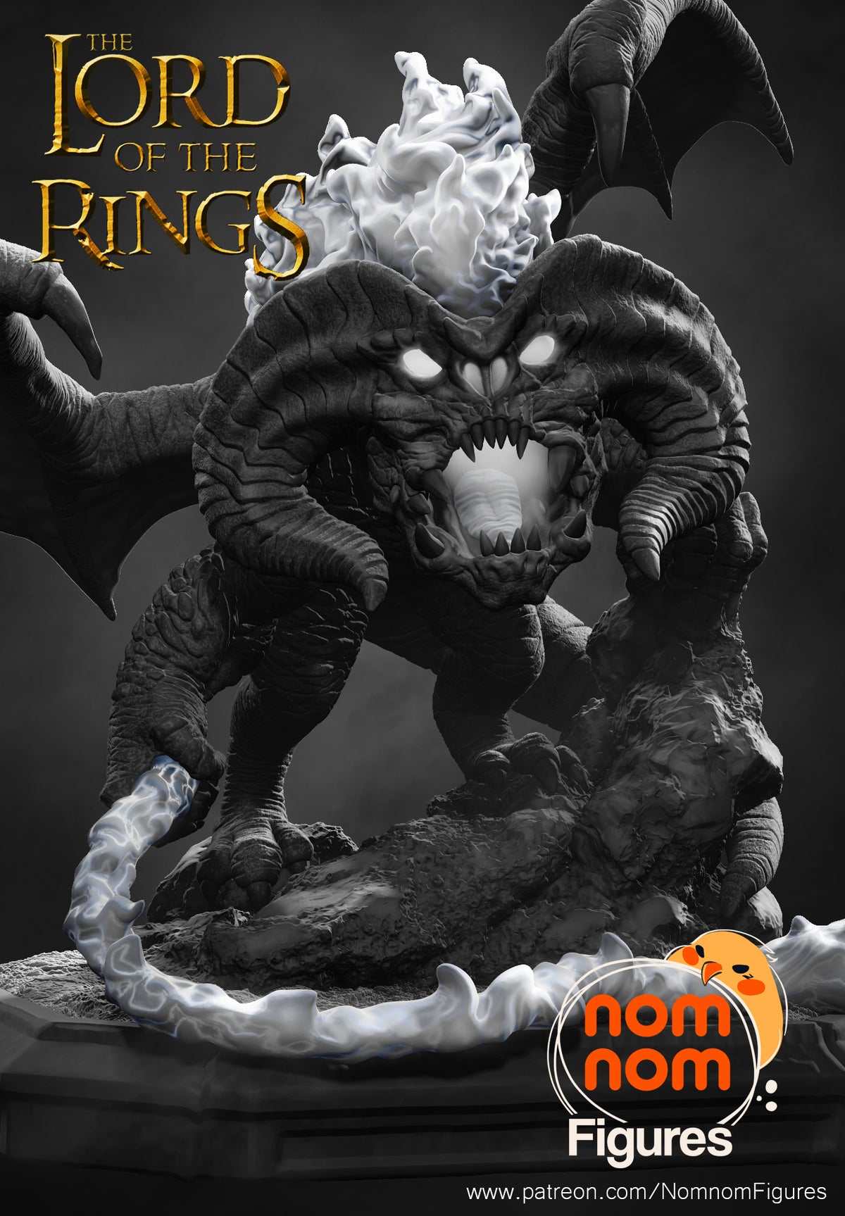 Front-facing Balrog from Lord of the Rings is an unpainted resin Chibi figure on a rocky base.