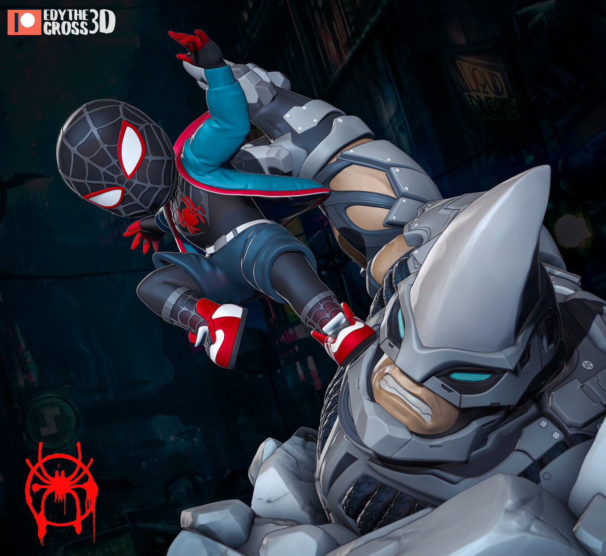 Brooklyn Teen from Spiderman, a painted resin Chibi figure, leaps above a sculpted armored base.