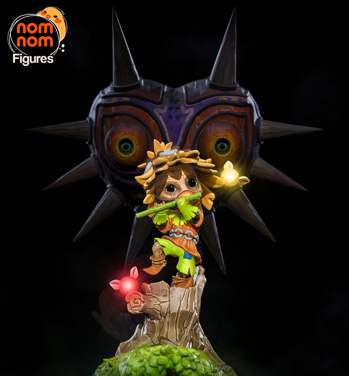Masked Trickster from Tales of Daelz resin Chibi figure posed on a sculpted stump base.