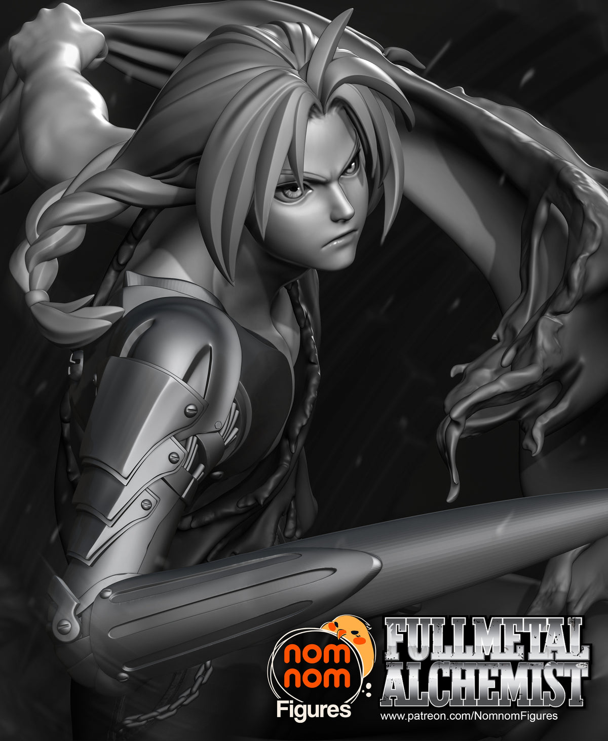 Edward Elric from Fullmetal Alchemist is shown as an unpainted resin figure with braided hair and an armored arm.